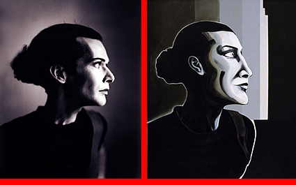 <a href="http://telfser.com/images/ludwig/">Originalbild</a> [links] Dieter Telfser fotografiert von &copy; Martin Homolka 1998 — &copy; Dieter Telfser 2004 — Maske: Martin Geisler. — Bild [rechts] Herwig Maria Stark, Titel: &raquo;Danceur&laquo;, Technik: Acryl auf Leinen, Gr&ouml;&szlig;e: 120x140cm