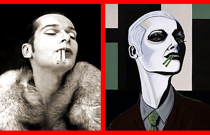 <a href="http://telfser.com/images/22/">Originalbild</a> [links] Dieter Telfser fotografiert von &copy; Andreas Marini 2002 — &copy; Dieter Telfser 2005 — Maske: Bettina Grass. — Bild [rechts] Herwig Maria Stark, Titel: &raquo; L’humeur-verte &laquo;, Technik: Acryl auf Leinen, Gr&ouml;&szlig;e: 120x140cm