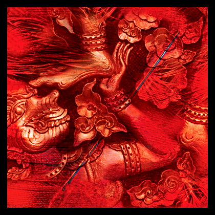 &copy; Dieter Telfser 2005 — Diese Kollage verbindet die Symbiotik von &raquo;M&ouml;gen&laquo; und &raquo;Verm&ouml;gen&laquo; auf sehr eindrucksvolle Weise. Zwirn, Stecknadel, Strau&szlig;enfedern n&auml;hern sich der Khmer Kultur. Die Khmer sind das Staatsvolk von Kambodscha und stellen mit mehr als 12 Millionen Einwohnern mehr als 85% der Bev&ouml;lkerung. Ca. 3 Millionen Khmer siedeln in den Nachbarstaaten: Thailand, Laos und Vietnam.